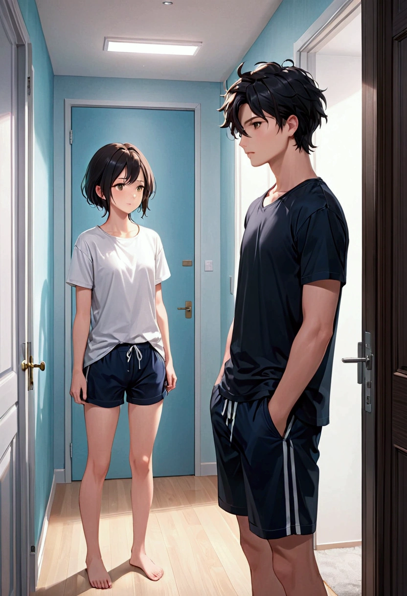 A one girl and one boy are in this image, one luxury bedroom are here in this bedroom one beautiful girl are sleep in a bed the wear a shorts and shirt girl hair is long black , one boy are stand near door for bedroom That boy looked towards that girl, that boy was standing near the door looking at that girl, that boy was also wearing shorts and shirt that boy hair are black he is also beautiful