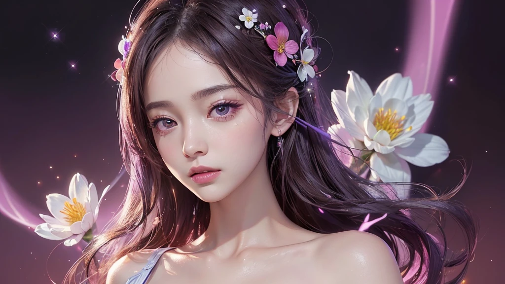 One girl, alone, flower畑, flower, (Official Art, unity 8k wallpaper, Super detailed, beautifully、aesthetic, masterpiece ,Highest quality:1.3), (Dynamic Angle:1.2), (Floating colorful sparkles:1) , elegant, Vibrant colors, Highly detailed face, Detailed eyes, Glowing Skin, Glossy Lips , Pale purple background,