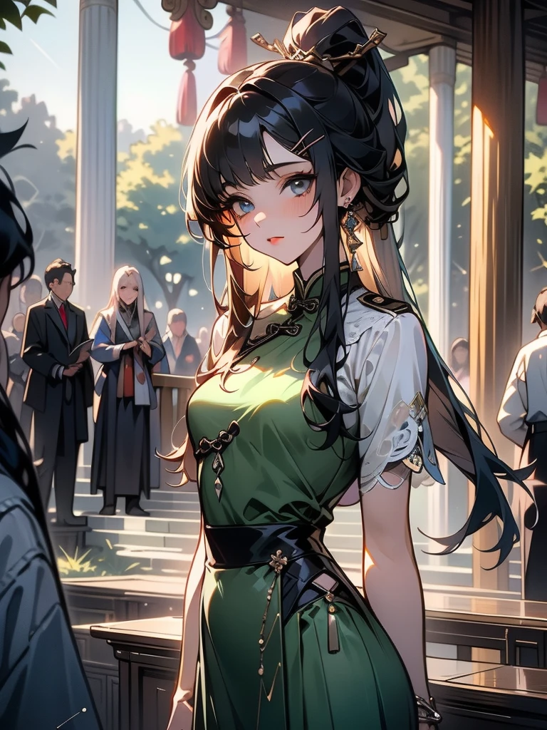 {{{masterpiece}}}, {{{best quality}}}, {{Extremely detailed}}, {light}, {illustration}, {Beautiful and delicate eyes}, {1 Girl}, Extremely detailed, 1 Girl, Solitary,, Black hair tied into a long ponytail, Wear a graceful figure, For the audience, outdoor, Woodland Background, Very detailed face and clothing, Perfect face, White skin, Hair bangs, Long hair, Noble and beautiful, Surreal 8K, CG, Flawless, Seductive expression, Intricate details, 22-year-old girl wearing chiffon Chinese long skirt, Best quality, Realistic photos,Light green dress, beautiful hairpins and jewelry hanging in the hair