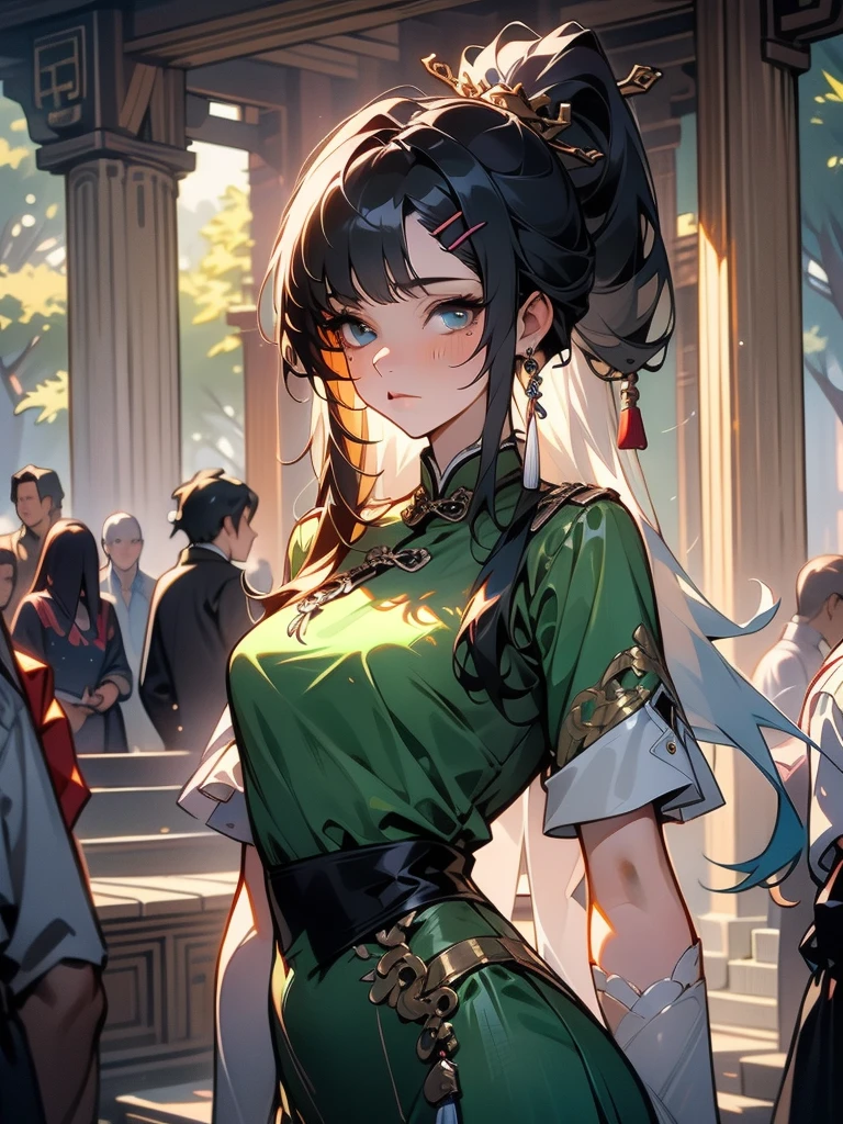 {{{masterpiece}}}, {{{best quality}}}, {{Extremely detailed}}, {light}, {illustration}, {Beautiful and delicate eyes}, {1 Girl}, Extremely detailed, 1 Girl, Solitary,, Black hair tied into a long ponytail, Wear a graceful figure, For the audience, outdoor, Woodland Background, Very detailed face and clothing, Perfect face, White skin, Hair bangs, Long hair, Noble and beautiful, Surreal 8K, CG, Flawless, Seductive expression, Intricate details, 22-year-old girl wearing chiffon Chinese long skirt, Best quality, Realistic photos,Light green dress, beautiful hairpins and jewelry hanging in the hair