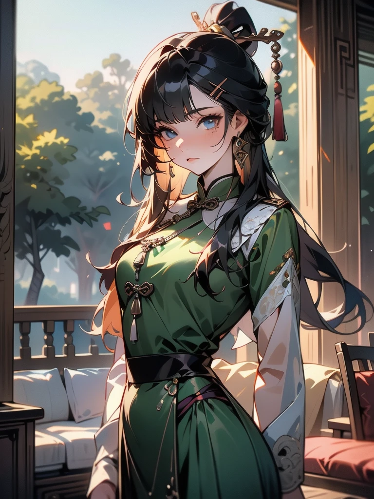 {{{masterpiece}}}, {{{best quality}}}, {{Extremely detailed}}, {light}, {illustration}, {Beautiful and delicate eyes}, {1 Girl}, Extremely detailed, 1 Girl, Solitary,, Black hair tied into a long ponytail, Wear a graceful figure, For the audience, outdoor, Woodland Background, Very detailed face and clothing, Perfect face, White skin, Hair bangs, Long hair, Noble and beautiful, Surreal 8K, CG, Flawless, Seductive expression, Intricate details, 22-year-old girl wearing chiffon Chinese long skirt, Best quality, Realistic photos,Light green dress, beautiful hairpins and jewelry hanging in the hair