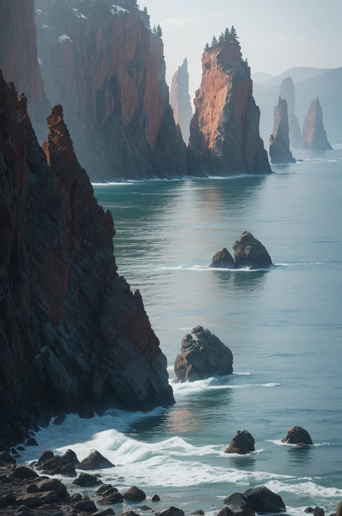 there are many rocks in the water near the shore, a picture by Kristin Nelson, unsplash, les nabis, with jagged rocks and eerie, incredibly beautiful, with jagged rocks & eerie, rocky cliffs, rocky cliff, with lots of dark grey rocks, sheer cliffs surround the scene, rock formations, jagged rocks, black rocks, photo taken from a boat