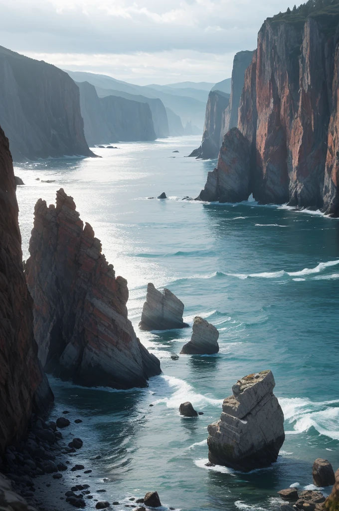 there are many rocks in the water near the shore, a picture by Kristin Nelson, unsplash, les nabis, with jagged rocks and eerie, incredibly beautiful, with jagged rocks & eerie, rocky cliffs, rocky cliff, with lots of dark grey rocks, sheer cliffs surround the scene, rock formations, jagged rocks, black rocks, photo taken from a boat