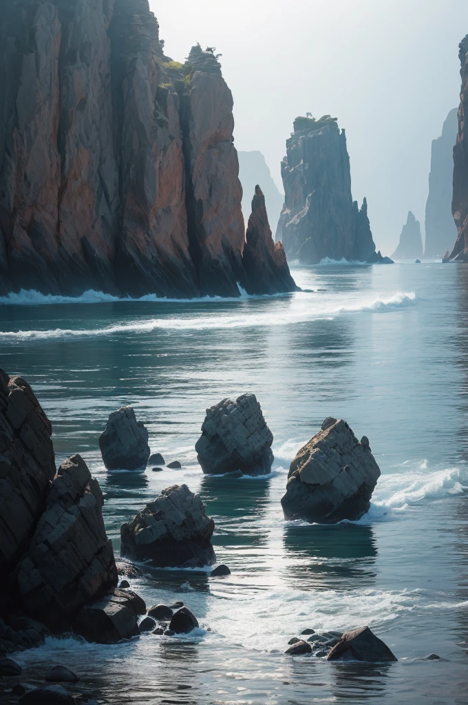 there are many rocks in the water near the shore, a picture by Kristin Nelson, unsplash, les nabis, with jagged rocks and eerie, incredibly beautiful, with jagged rocks & eerie, rocky cliffs, rocky cliff, with lots of dark grey rocks, sheer cliffs surround the scene, rock formations, jagged rocks, black rocks, photo taken from a boat