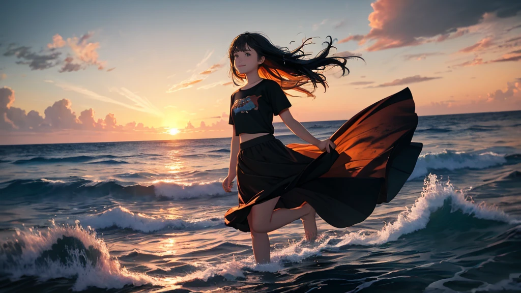 {best quality}, {very aesthetic}, {ultra-detailed}, {8k}, {Super elaborate face}, {Super-smart body}, {best illustration}, Mature face, 20-year-old woman, (swim under the sea), (deep sea), Midsummer Seafloor, Ocean floor at dusk, smile, Sunset shining through the water, T-Shirts, Sand on the seabed, Soft Light, Coral Reef, full body view, flat chest, Orange sunset, Black Hair, (Midi Skirt),