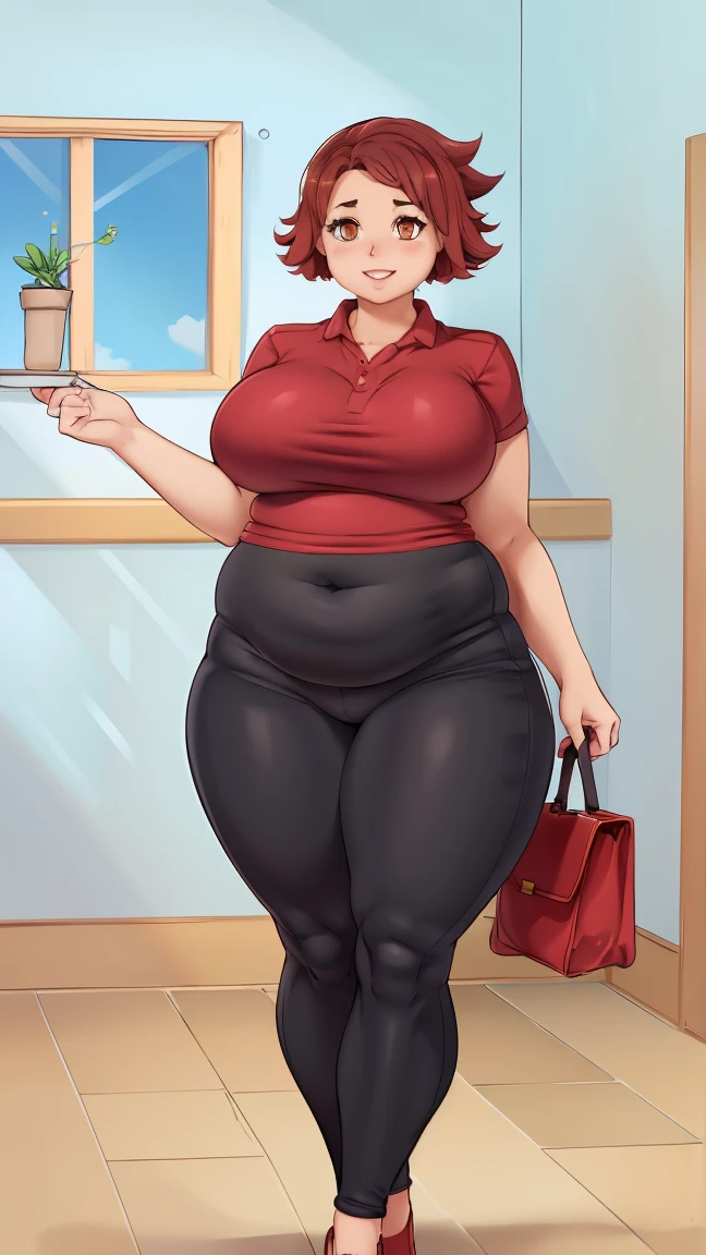 ( plump thick thighs, huge ass, extremely tall, massive large full breasts, tight clothes, very wide hips:1.1)highres, emily, 1girl, solo, wide open eyes, orange eyes, indoors, smile, looking at viewer, full body, weight gain, surprised expression 