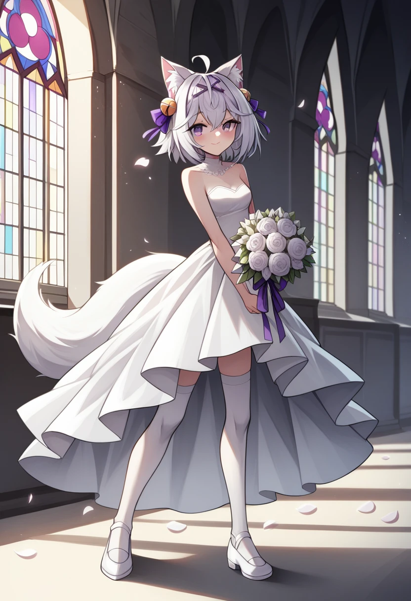 UHD, masterpiece, best quality, natural lighting, church, in front of the altar, flower petals scattered, 1girl, solo, Filian, ((fox tail)), ((small cat ears)), white hair, short hair, ahoge, hairclip, hair bell, deep purple eyes, ((dark purple eyes)), blush, seductive smile, a-line wedding dress, white stockings, white shoes with heals, slim arms, slim legs, Eye-Level Shot, holding bridal bouquet with purple ribbon ,full body pose, innocent pose