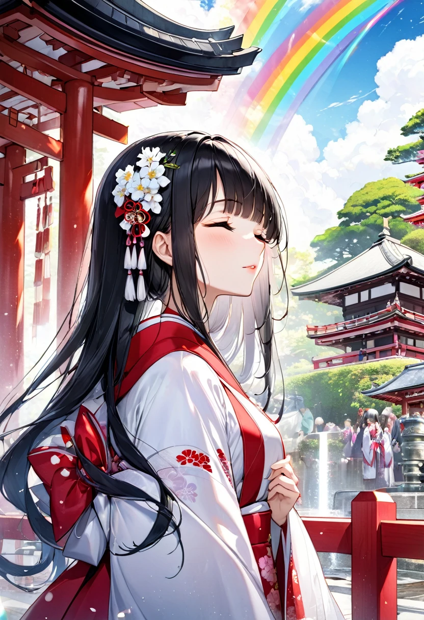 (profile beautiful style), (solo:2, 15 yo), (beautiful detailed blunt bangs:1.3) (beautiful detailed black hair, very long hair) (immensely shrine maiden girl, sexy closed eyes, glossy lip, looking sky, best Looks lonely face), in a detailed shrine maiden clothes with double exposure grow, break, in the Fukuoka Dazaifu Tenmangu Shrine, Large fountain with double exposure rainbow, BREAK, perfect anatomy, masterpiece, best quality, 16k, beautiful detailed love, daydreaming expression.