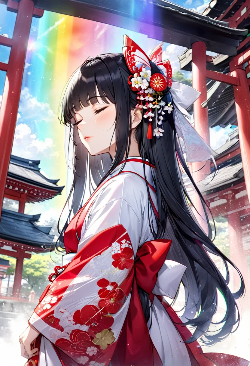 (profile beautiful style), (solo:2, 15 yo), (beautiful detailed blunt bangs:1.3) (beautiful detailed black hair, very long hair) (immensely shrine maiden girl, sexy closed eyes, glossy lip, looking sky, best Looks lonely face), in a detailed shrine maiden clothes with double exposure grow, break, in the Fukuoka Dazaifu Tenmangu Shrine, Large fountain with double exposure rainbow, BREAK, perfect anatomy, masterpiece, best quality, 16k, beautiful detailed love, daydreaming expression.