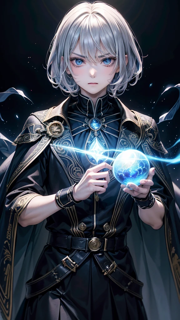 (Highest quality,Very detailed,High resolution:1.2),One adult male,Silver Hair,The most beautiful young man in human history,(1 photo from the front),Dark blue eyes (Dark blue eyes:1.1),さみし気なaura(aura:1.1),(mysterious,Ghostly:1.1) atmosphere,Looks like half a demon,(Demonic traits,Demonic traits),(Elaborate,wonderful) ,Strong Body、Shortcuts、Use magic、auraが漂う、Cape、Stocky physique、Confident expression、Very short hair、The bangs are swept to the side、Permed hair、Sharp eyes、Angry expression、Has a glowing blue fireball、Emits a flash of light from the body、Are standing、shout