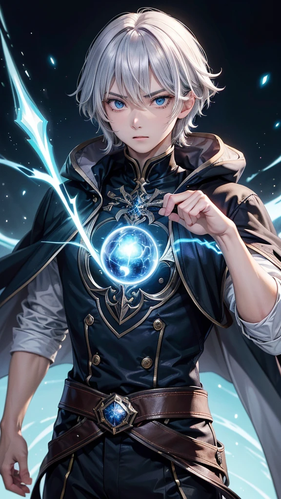 (Highest quality,Very detailed,High resolution:1.2),One adult male,Silver Hair,The most beautiful young man in human history,(1 photo from the front),Dark blue eyes (Dark blue eyes:1.1),さみし気なaura(aura:1.1),(mysterious,Ghostly:1.1) atmosphere,Looks like half a demon,(Demonic traits,Demonic traits),(Elaborate,wonderful) ,Strong Body、Shortcuts、Use magic、auraが漂う、Cape、Stocky physique、Confident expression、Very short hair、The bangs are swept to the side、Permed hair、Sharp eyes、Angry expression、Has a glowing blue fireball、Emits a flash of light from the body、Are standing、shout