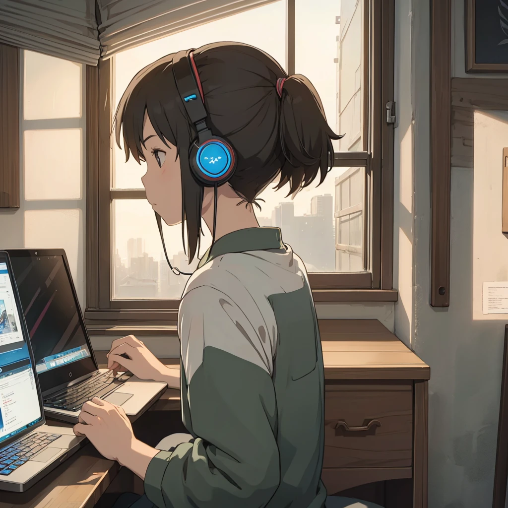 boy in profile using the computer with headphones and a window on the side with a flower