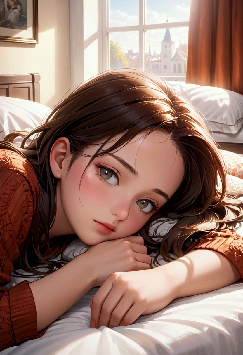 a beautiful sleeping girl, laying on her stomach on a bed, wearing full clothes, detailed face, detailed eyes, detailed lips, beautiful skin, detailed clothing folds, bedding, cozy bedroom setting, natural lighting, warm color tones, photorealistic, detailed, cinematic, high quality, masterpiece