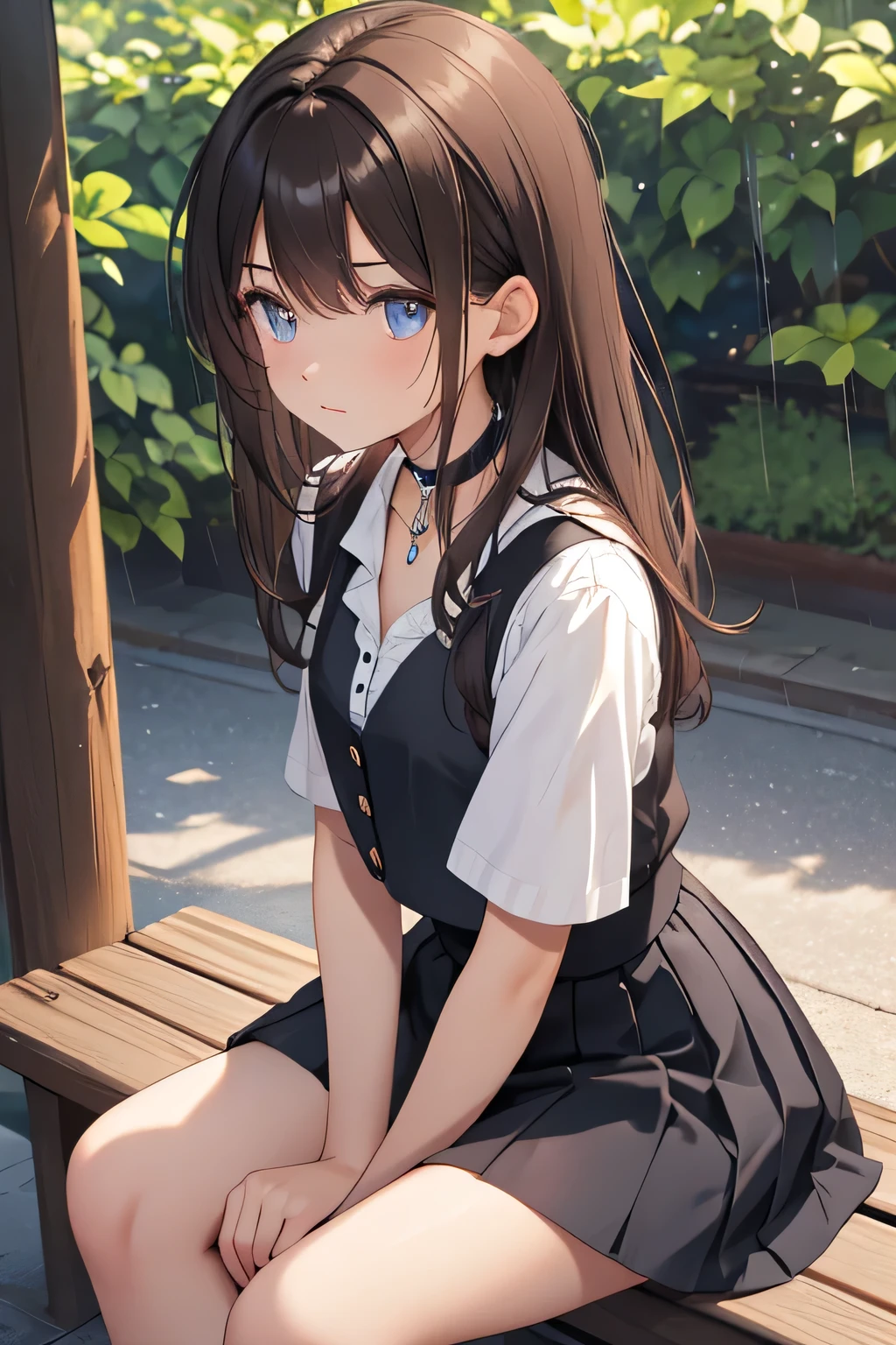 until, high quality solo girl, great resolution, Dark brown hair, long, skinny raised to one side, beautiful face, mirada trsite, head down, both hands on knees, sitting on a bench, in a park, The girl wears a white short-sleeved school blouse, Red Waistcoat, yellow buttons, White socks, short white plank skirt, black choker on the neck with a blue sapphire, bring clothes soaked by the rain, the gray background, cloudy day, without sun, dark and rainy.