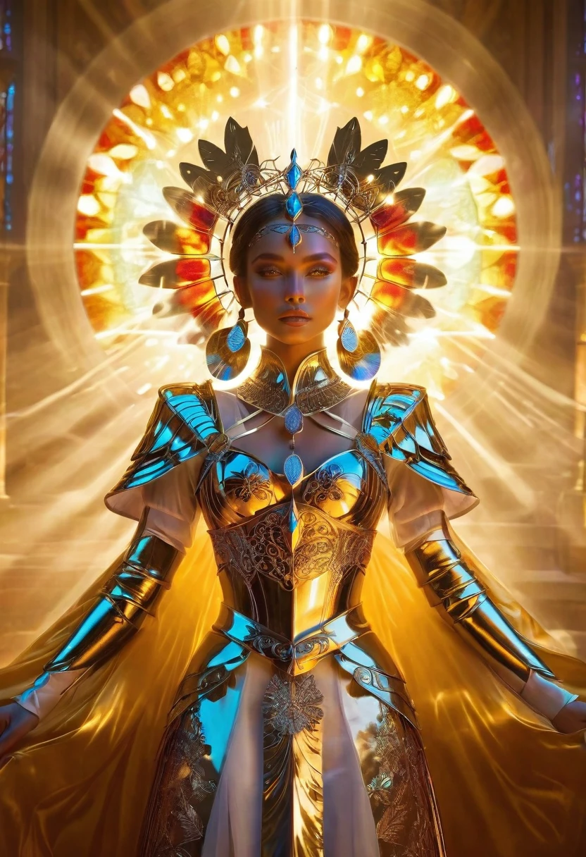 fantasy queen, intricate armor, elaborate headpiece, radiant background, stained glass style, divine presence, ethereal beauty, vibrant colors, symmetrical design, powerful aura
