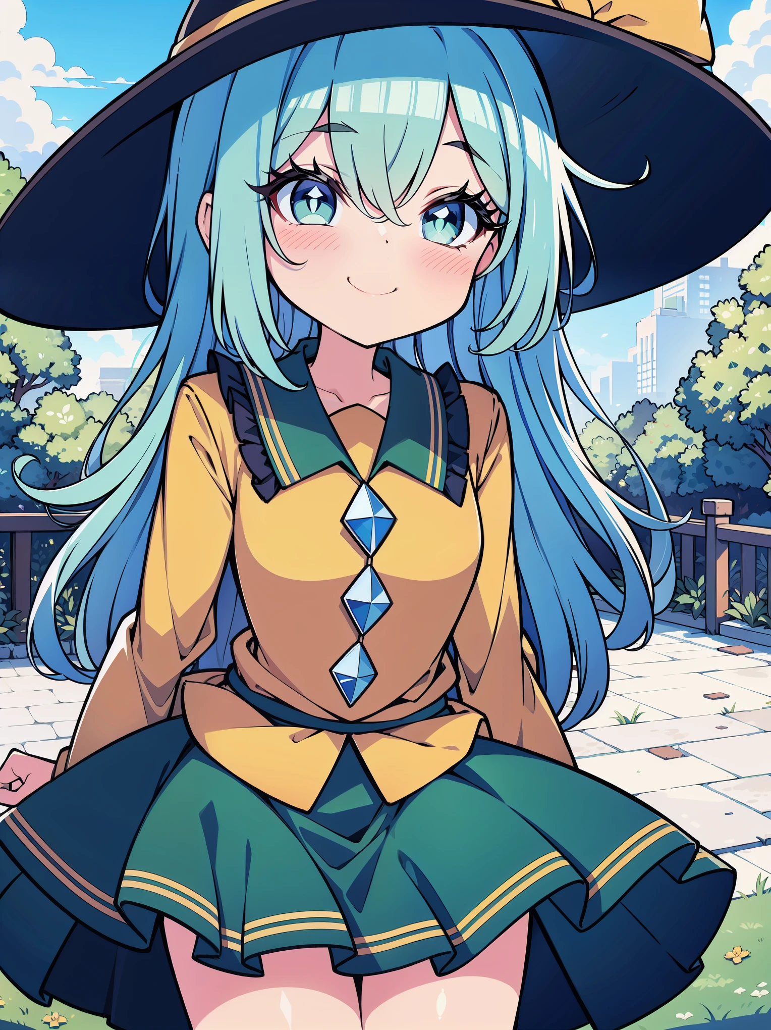 (Cowboy shot), (colorful:1.1), glowing, (ultra-high resolution, depth of field:1.2), looking at viewer, (komeiji koishi:1.1), (1woman), adult, Touhou project, medium breasts, (dark green eyes), white pupils, glowing eyes, green hair, wavy hair, (long hair), ponytail, (wearing a white summer dress:1.2). A closed blue-purplish "third eye" is positioned over her heart, with cords wrapped around her torso and attached to each of her ankles, (blue roses in the background), garden scenery, grinning, (squinting eyes)