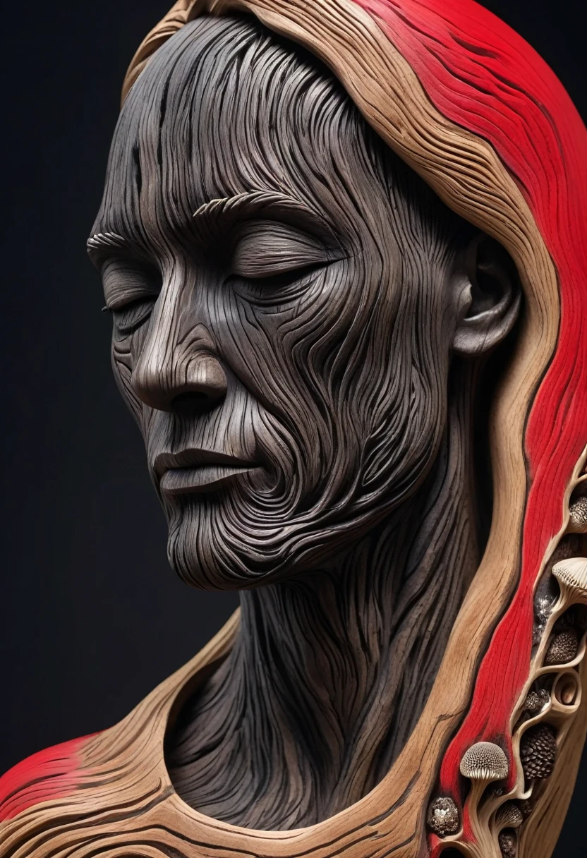 a detailed wooden sculpture portrait of a human figure, hyperrealistic wood carving, hollow body, full body view, intricate wood grain texture, mushrooms growing on the sculpture, charcoal black color, tree roots, red background, masterpiece, best quality, 8k, ultra-detailed, photorealistic, physically-based rendering, extremely detailed description, professional, vivid colors