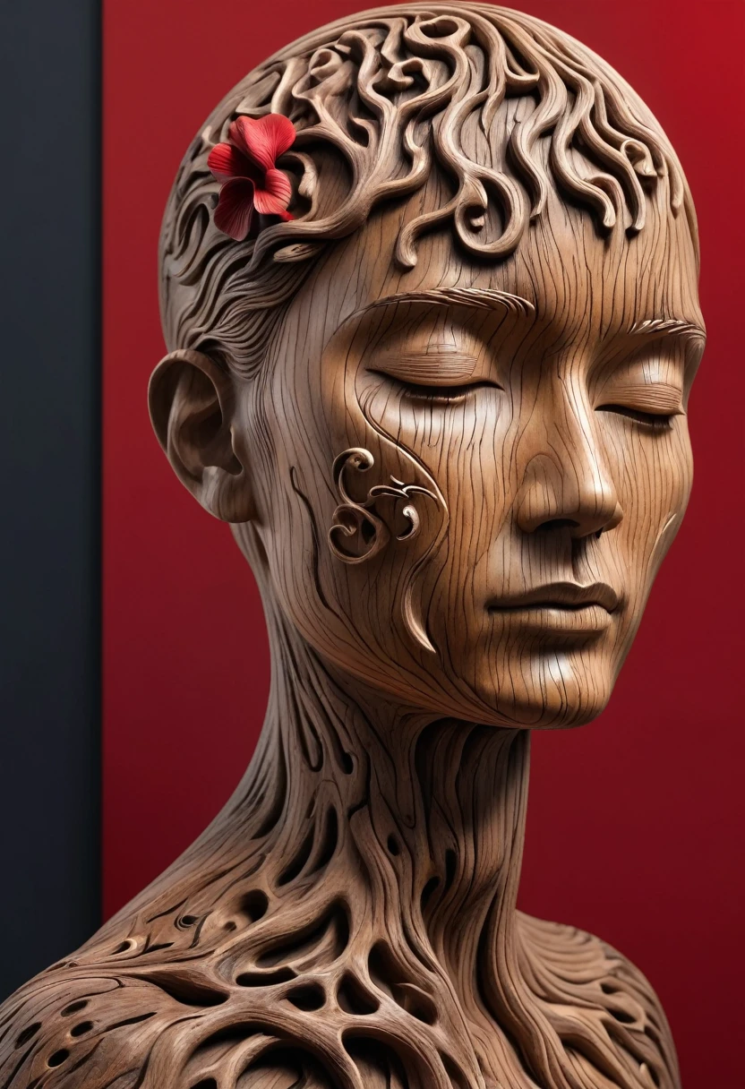 a detailed wooden sculpture portrait of a human figure, hyperrealistic wood carving, hollow body, full body view, intricate wood grain texture, mushrooms growing on the sculpture, charcoal black color, tree roots, red background, masterpiece, best quality, 8k, ultra-detailed, photorealistic, physically-based rendering, extremely detailed description, professional, vivid colors
