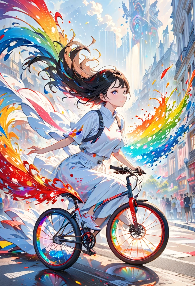 Capturing the Essence of Wind with Liquid Ink,It turned into a whirlwind of pointillism., Traversing a spectrum of multiple random colors, 4K Concept Art, Extreme Detail, Wheels within wheels, Glowing Canvas, Sports, dynamic, Clear glossy focus, create a perfect female face with Wheels within wheels detail, nice, Highest quality, masterpiece