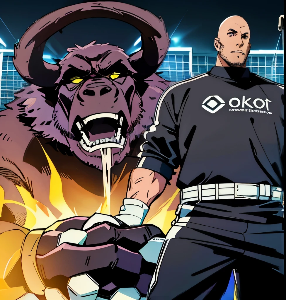 Soccer goalie with level 10  black aura, tall, (large mammoth background), bald headed no hair man and he has white skin like paper skin, black and white soccer jersey, goalkeeper gloves, purple eyes, masculine features, muscular build, 