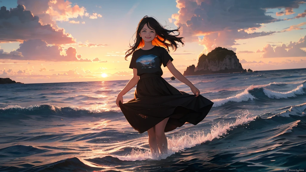{best quality}, {very aesthetic}, {ultra-detailed}, {8k}, {Super elaborate face}, {Super-smart body}, {best illustration}, Midi Skirt, Mature face, 20-year-old woman, (swim under the sea), (deep sea), Midsummer Seafloor, Ocean floor at dusk, smile, Sunset shining through the water, T-Shirts, Sand on the seabed, Soft Light, Coral Reef, full body view, flat chest, Orange sunset, Black Hair,