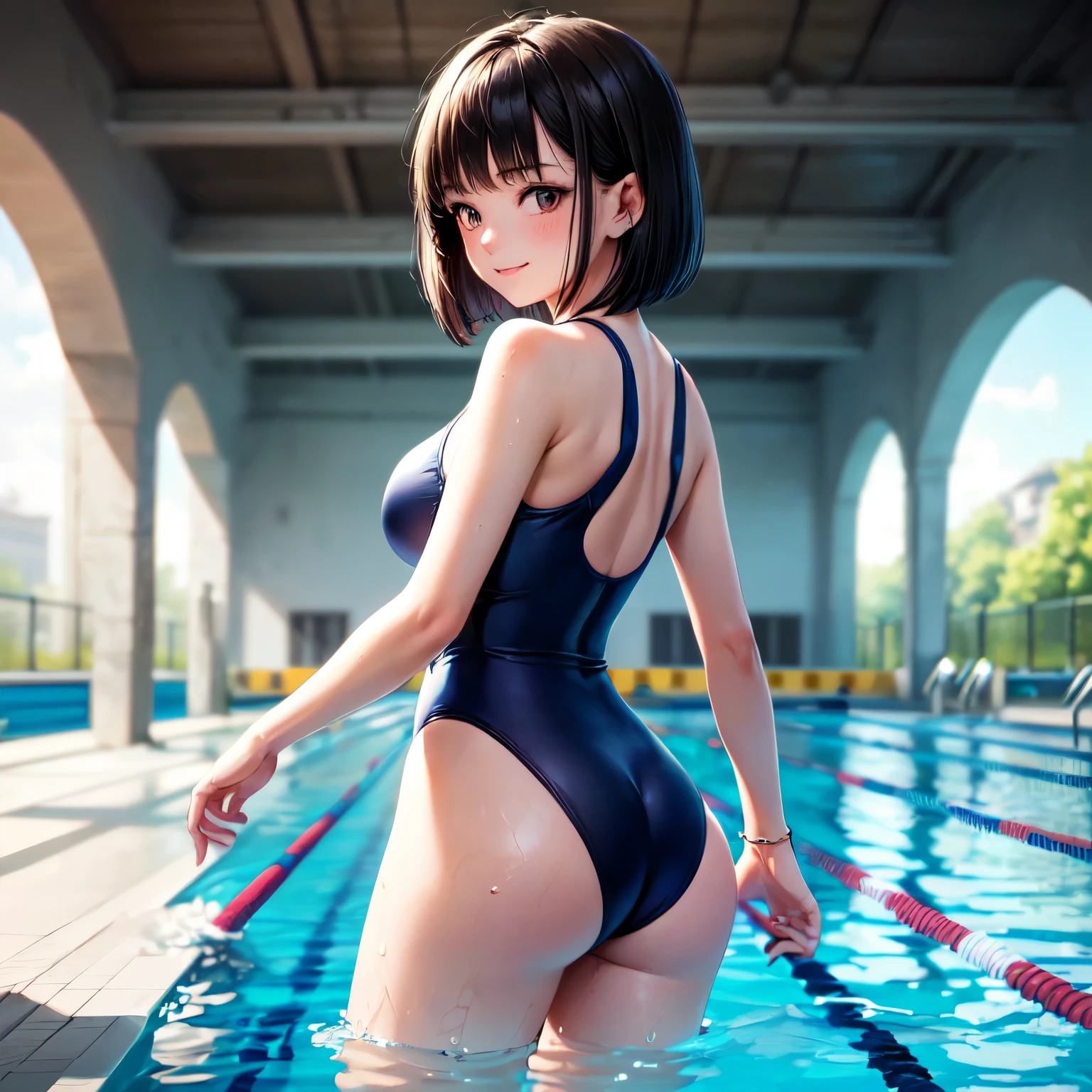 (4K,masterpiece,best quality,ultra detailed,high resolution),(from behind),looking back,(daylight,bloom),((solo)),(beautiful Japanese girl),(age),(bob cut,black hair),(beautiful detailed face,beautiful detailed eyes),(finely detailed skin,fair skin),light smile,(one piece competition swimsuits),(on the pool),medium hip,medium breast,arms front