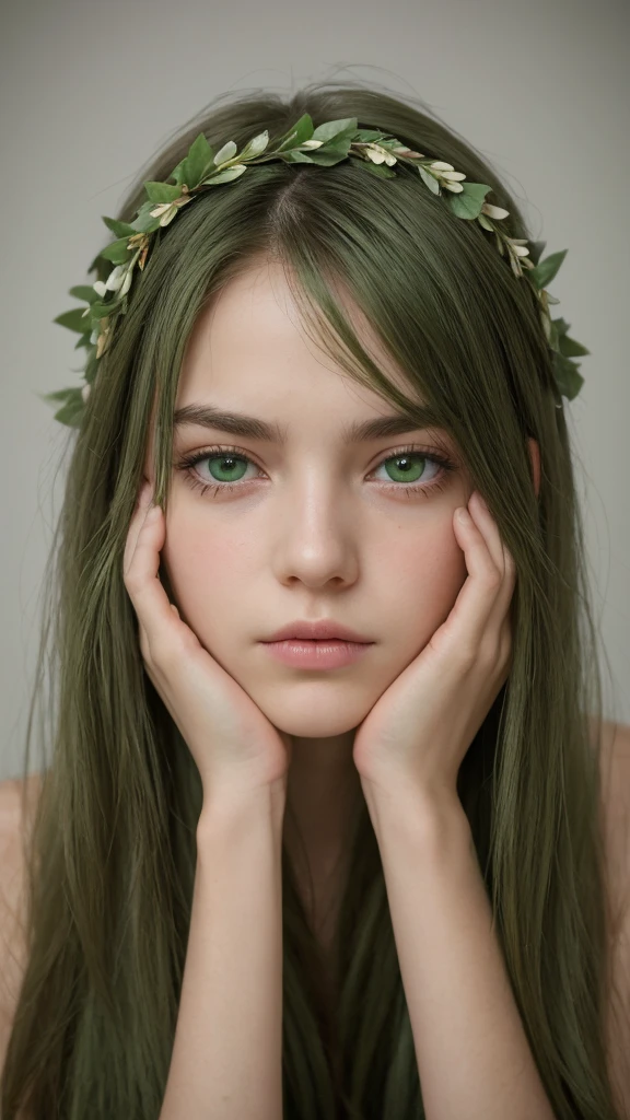 a girl. Europe. Oval face. delicate facial features. long face. sexy eyes. charming. long straight hair. messy hair. green hair. green eyes. wreath on head. sulked. Sad. shy. straight face. in the fores