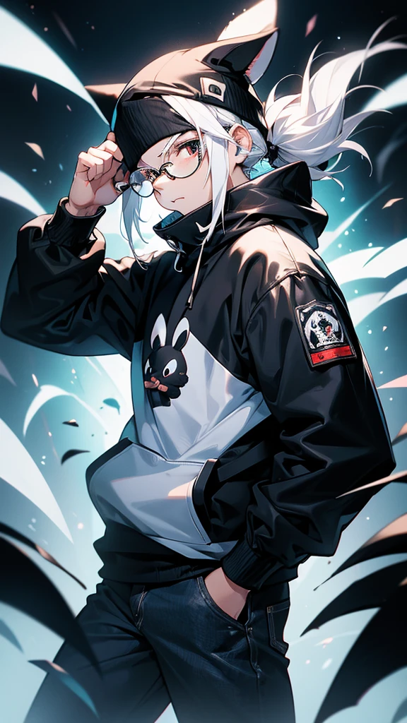 Furry rabbit with black beanie white hair with black sweatshirt with wearing jeans position hand in pocket with round glasses with ninja mask