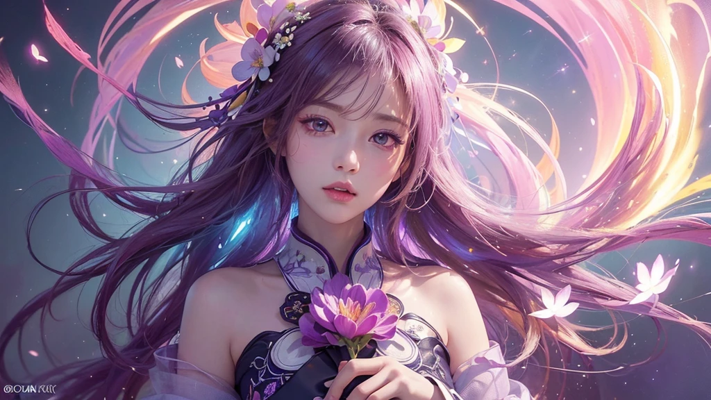 One girl, alone, flower畑, flower, (Official Art, unity 8k wallpaper, Super detailed, beautifully、aesthetic, masterpiece ,Highest quality:1.3), (Dynamic Angle:1.2), (Floating colorful sparkles:1) , elegant, Vibrant colors, Highly detailed face, Detailed eyes, Glowing Skin, Glossy Lips , Pale purple background,
