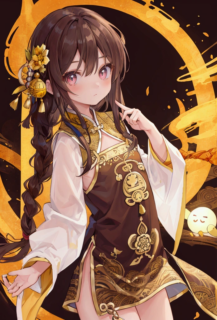 masterpiece, best quality,flat chest, cute eyes, twin braid, dark brown hair,yellow antiquity chinese clothes