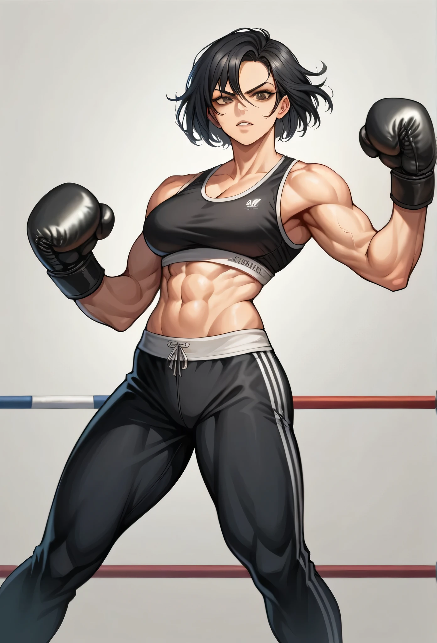 A beautiful girl,detailed picture, Woman boxer, long black hair, handsome face, boxing gloves, sports bra, toned, boxing stance, long black pants, looking at viewer