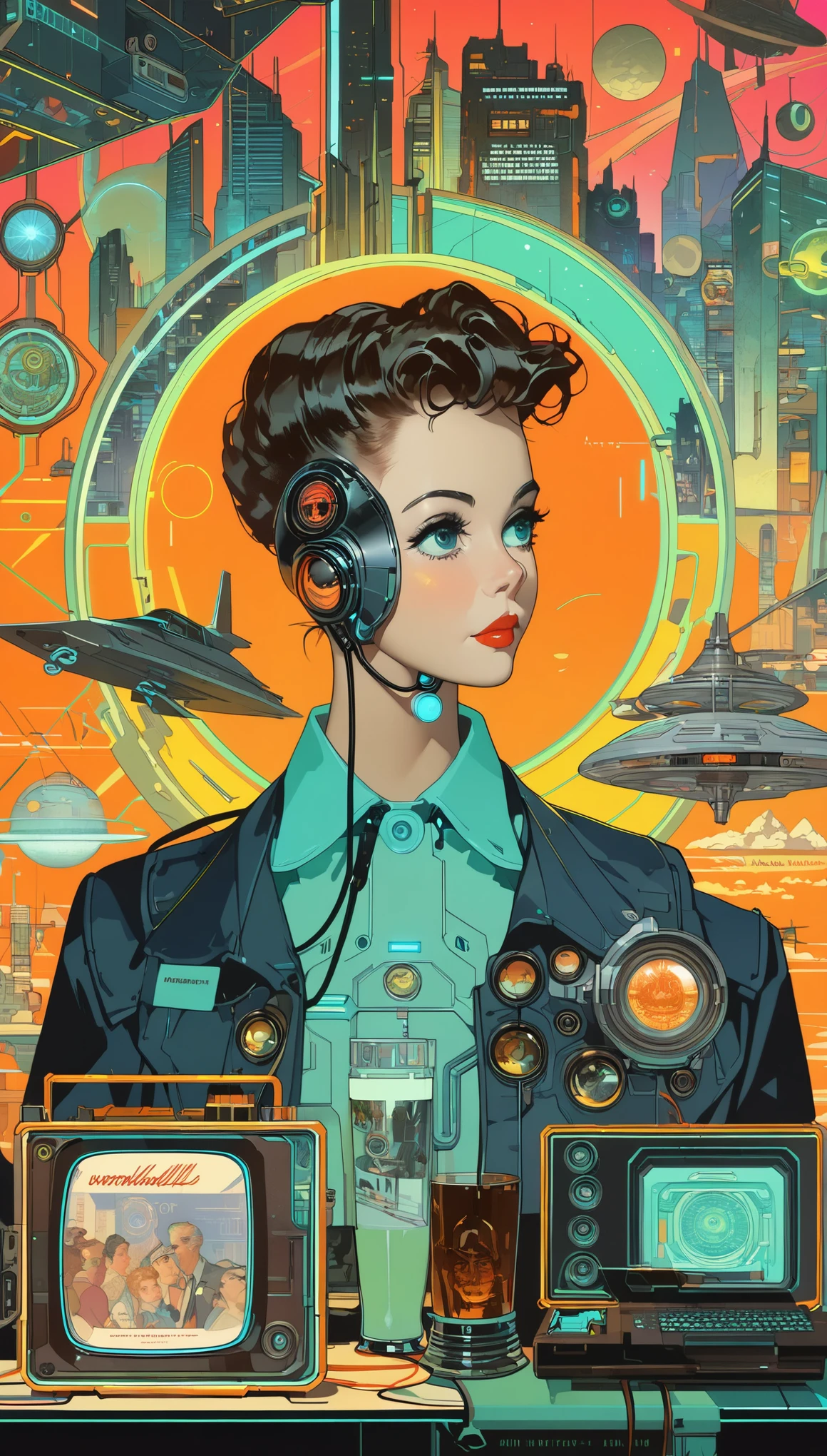 (masterpiece:1.2,Highest quality,Highest quality,High resolution,Super detailed),8k,wallpaper,A cyberpunk worldview depicted in the style of Norman Rockwell,neon,Retro-future,Vintage,Graphic Illustration,Detailed 2D illustrations,Flat Illustration, Digital Illustration,Digital Art