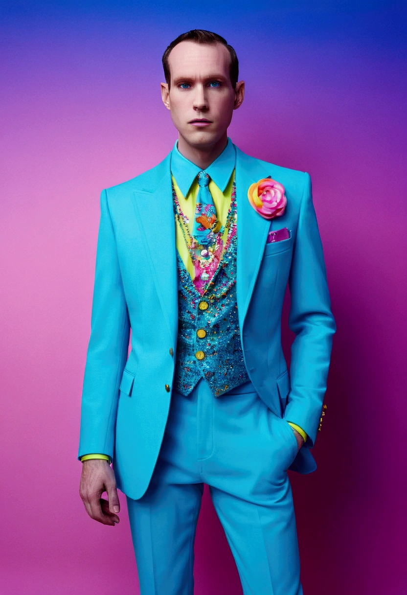 a Fashion Model man, abstract style, full body, 35mm photograph, bokeh, by Rachel Maclean and Miles Aldridge, cinematic still, (best quality, masterpiece), very aesthetic, perfect composition, photorealistic, intricate details, ultra-detailed, vivid colors