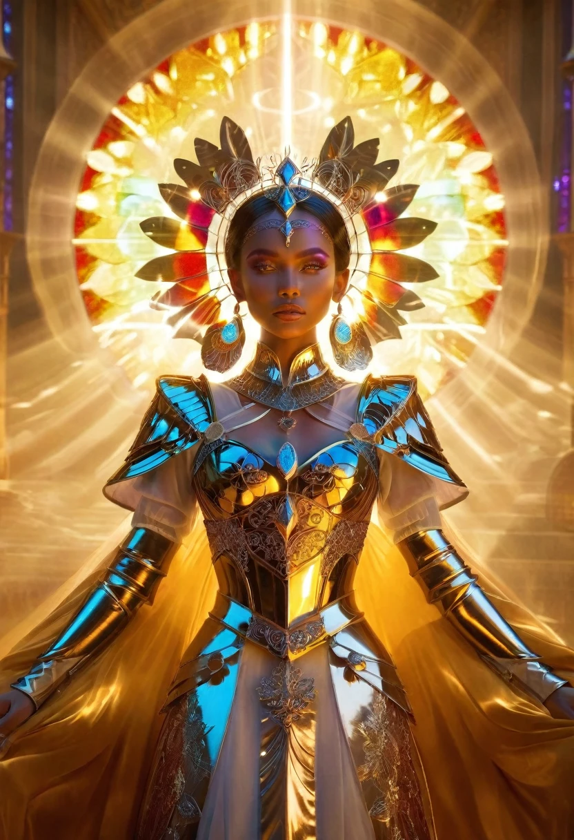 fantasy queen, intricate armor, elaborate headpiece, radiant background, stained glass style, divine presence, ethereal beauty, vibrant colors, symmetrical design, powerful aura
