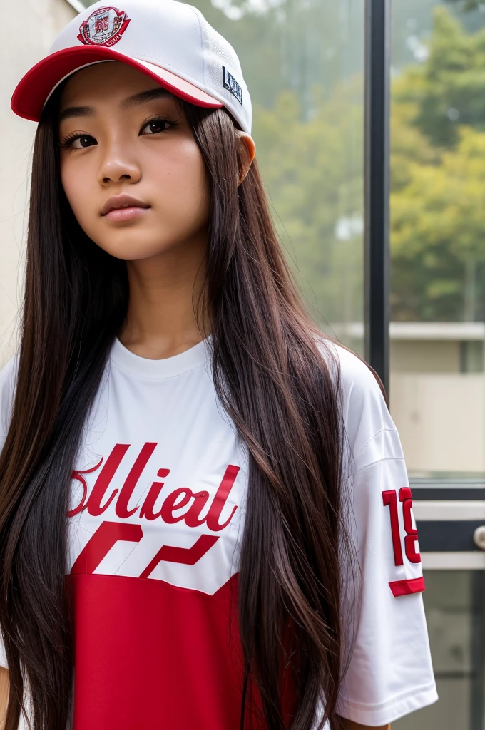 18 year old girl, asian red eyes, long hair, wears a team shirt and hat