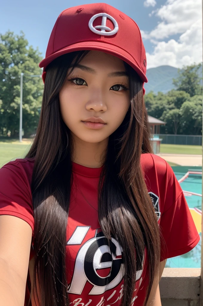 18 year old girl, asian red eyes, long hair, wears a team shirt and hat