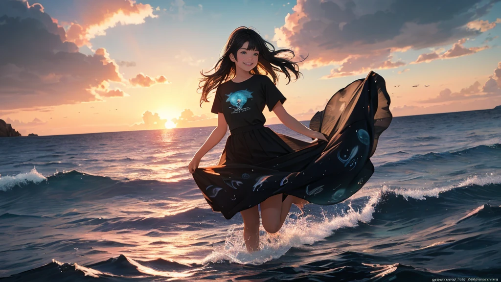 {best quality}, {very aesthetic}, {ultra-detailed}, {8k}, {Super elaborate face}, {Super-smart body}, {best illustration},　Midi Skirt, Mature face, 20-year-old woman, (swim under the sea), (deep sea), Midsummer Seafloor, Ocean floor at dusk, smile, Sunset shining through the water, T-Shirts, Sand on the seabed, Soft Light,　Coral Reef, full body view, flat chest, Orange sunset, Black Hair,