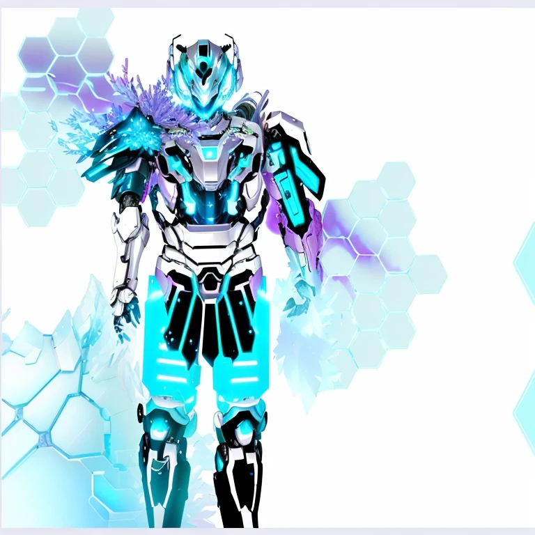 There is a robot standing in front of the snowflakes, Anime robot mixed with organic, Complex luminous mech, Detailed cosmic angel robot, Mecha style greek god, cyber combat armor, Fractal robot ninja background, Ice crystal armor, Shiny high-tech armor, Special photo suit vapor wave, clear clothing design, Wearing ethereal armor