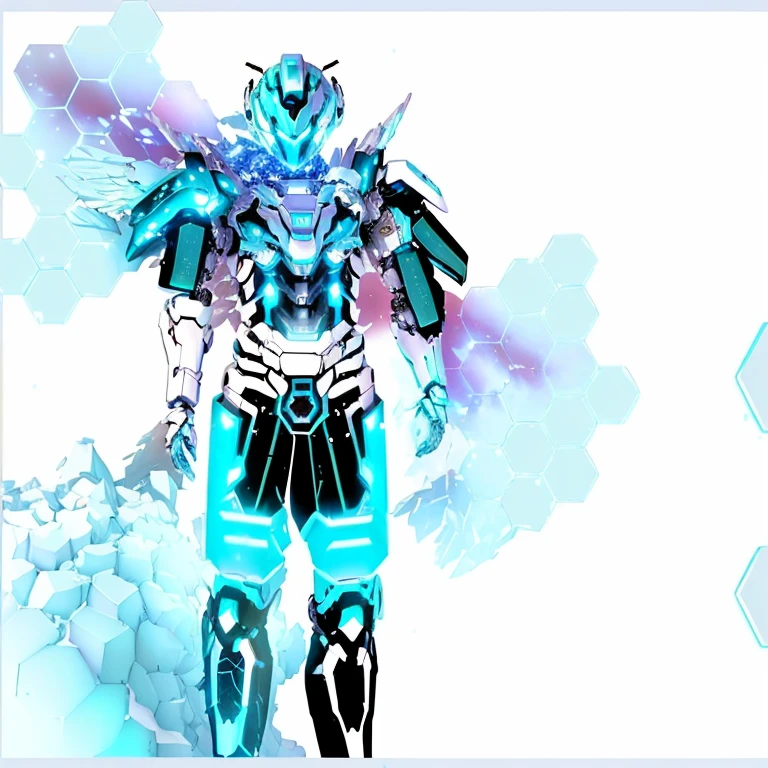 There is a robot standing in front of the snowflakes, Anime robot mixed with organic, Complex luminous mech, Detailed cosmic angel robot, Mecha style greek god, cyber combat armor, Fractal robot ninja background, Ice crystal armor, Shiny high-tech armor, Special photo suit vapor wave, clear clothing design, Wearing ethereal armor