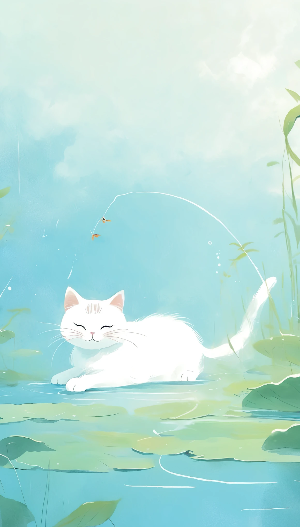 A simple pencil drawing of a cat fishing, the background color should be light sky-blue, the overall atmosphere seems to have been drawn in the style of hand, the lines are soft and smooth, the picture looks like it was taken from inside the cloud. The character's expression conveys calmness or thoughtfulness. zen style.