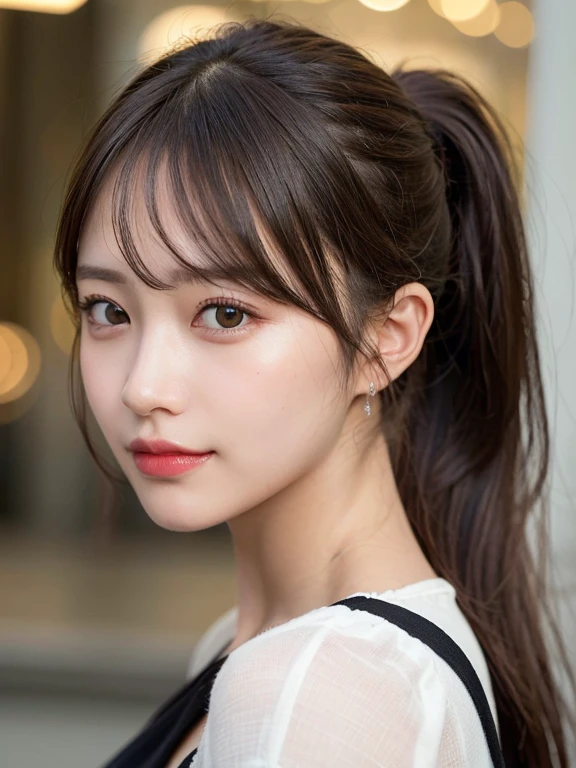 (masterpiece:1.3), (8k, Realistic, RAW Photos, Best image quality: 1.4), 28 year old girl、(Random Hairstyles:1.2)、Highly detailed face、Attention to detail、double eyelid、Sharp focus:1.2、Beautiful woman:1.4、Light brown hair、Highest quality、masterpiece、Ultra-high resolution、(Realistic:1.4)、Highly detailed and professional lighting、Brown Knight、thin、smile、Long black hair、Deadly position、Beautiful Skin、Random Pause、Shiny Hair、Sculpture model pose、ponytail