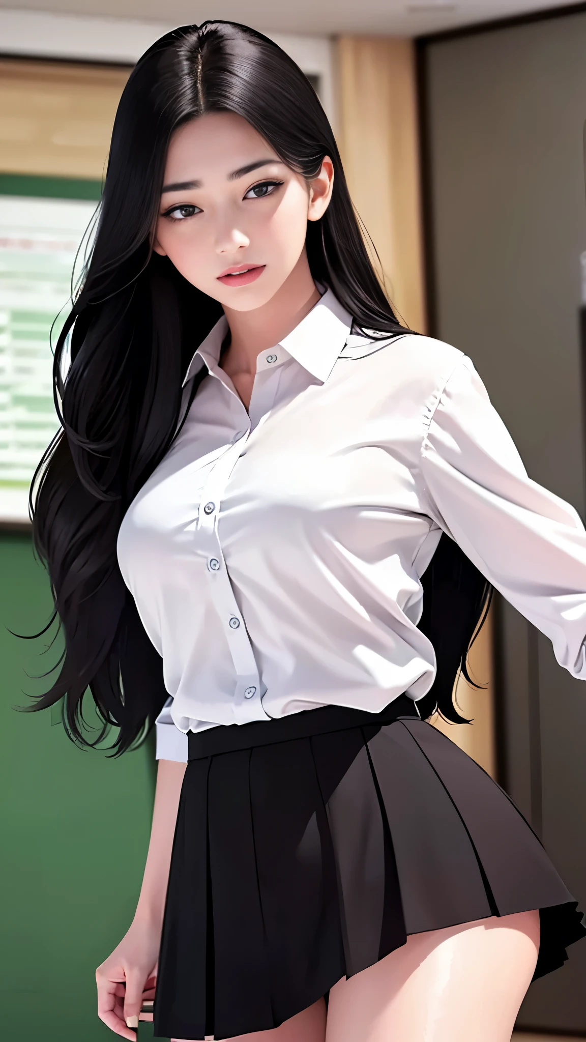 ((masterpiece, Highest quality)), (One girl), (alone), (Focus on women), (Very long hair), lureする笑顔, Open your mouth, ((White shirt), (Buttoned shirt), (Gap Button)), ((Black Skirt), (Short skirt)), Are standing, White Background, Put your arms behind your back, Dynamic Angle、female teacher:1.5、classroom、after school、夜薄暗いclassroom、Squint your eyes、Lift the corners of your mouth、blush、lure