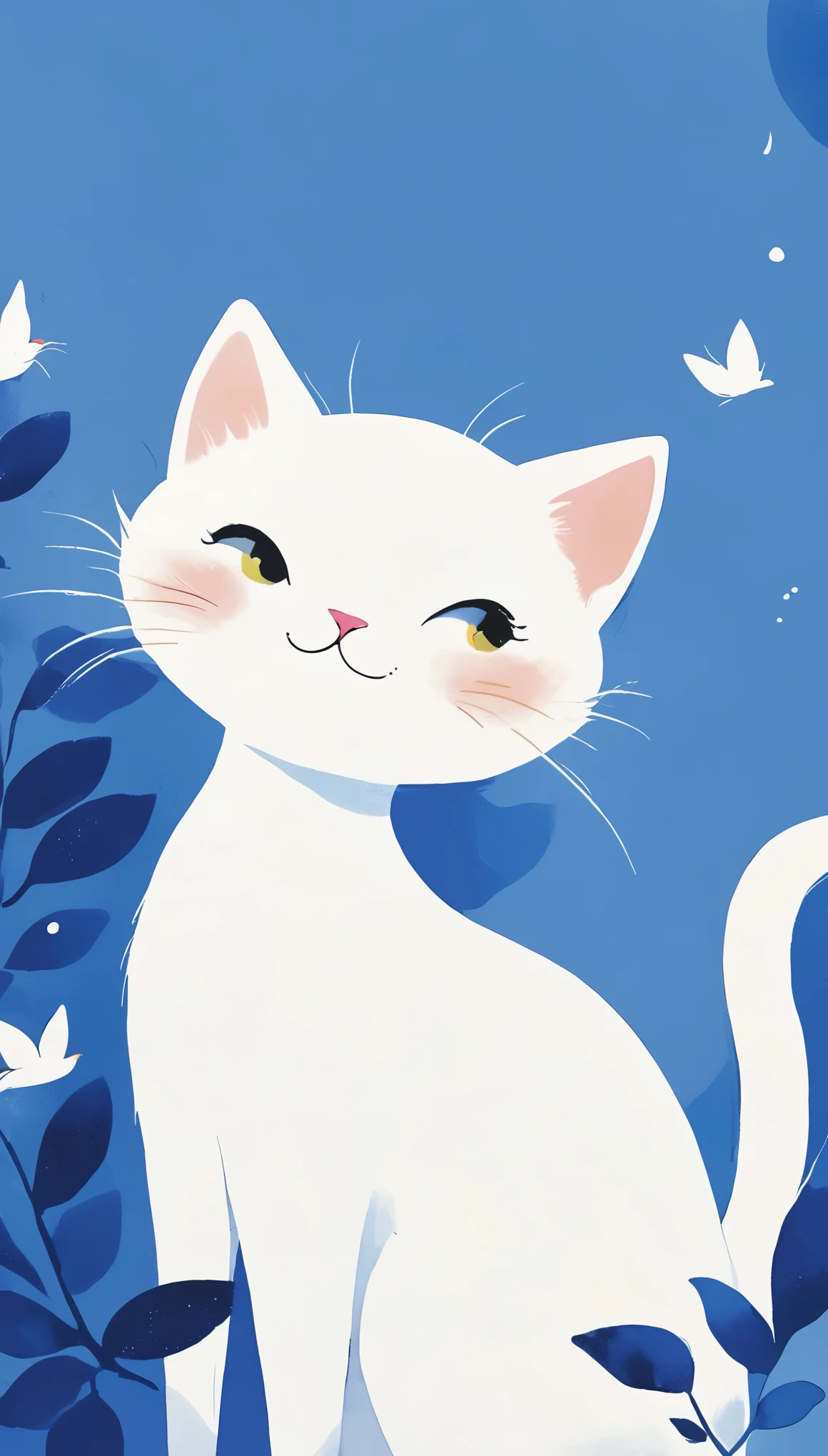 There is a white cat sitting on a blue background with leaves - SeaArt AI