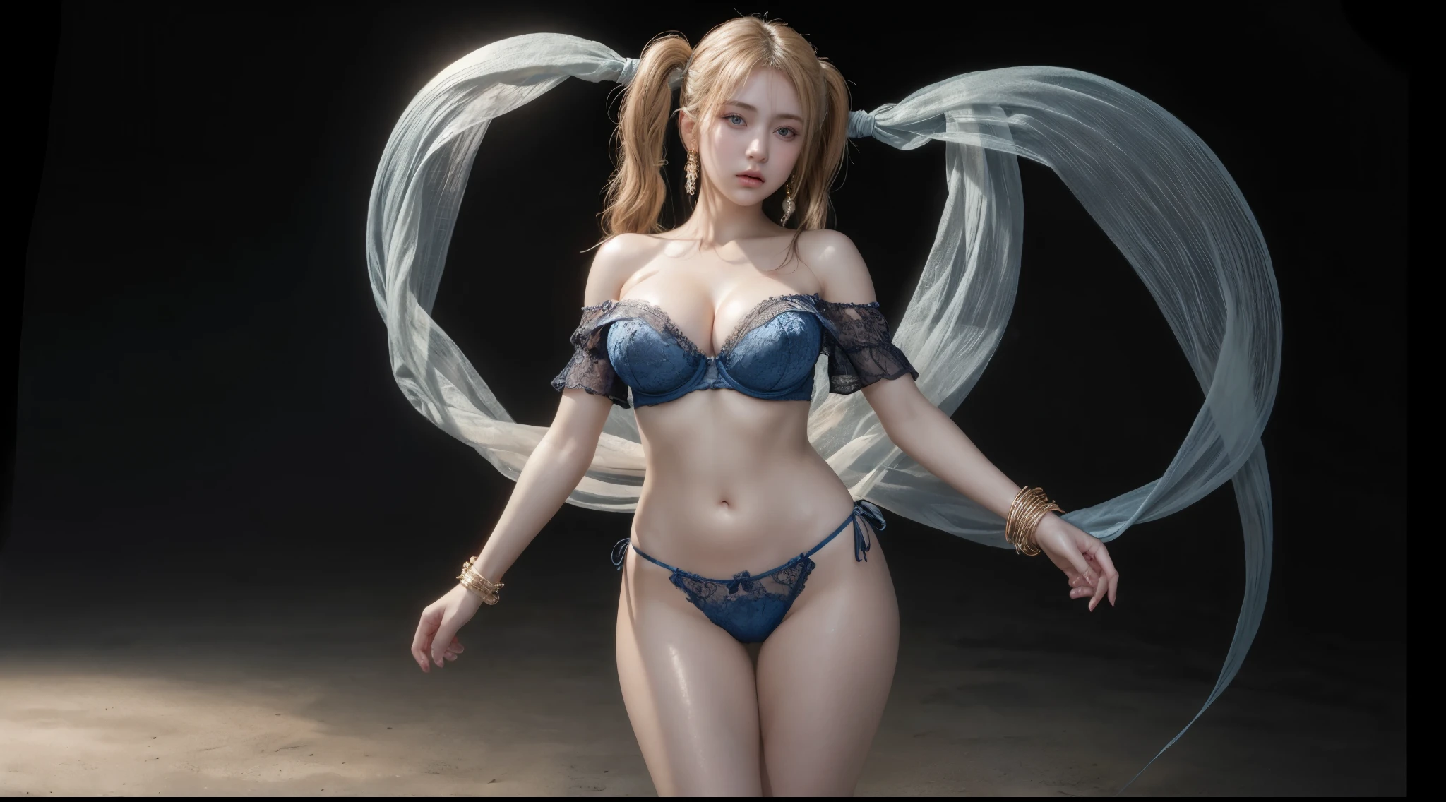 1girl, (solo:1.4), detailed face, lookingat viewer, full body, (standing:1.2), twintails, bangs, strapless bra, lingerie, off-shoulder, see-through detached short puff sleeve, cleavage, navel, (thighs:1.2), shoulder, clavicle, see-through thongs, intricate jewelry, ornamental-trimmed, subtle ornamental earring, bracelet, sharp focus, (realistic:1.3), smooth lighting, cinematic lighting, (highest quality:1.4), blue eyes, (detailed texture:1.3), detailed skin, skin pores, shiny skin, oiled skin, (moist skin), (glistening skin), (gigantic breasts:1.2),