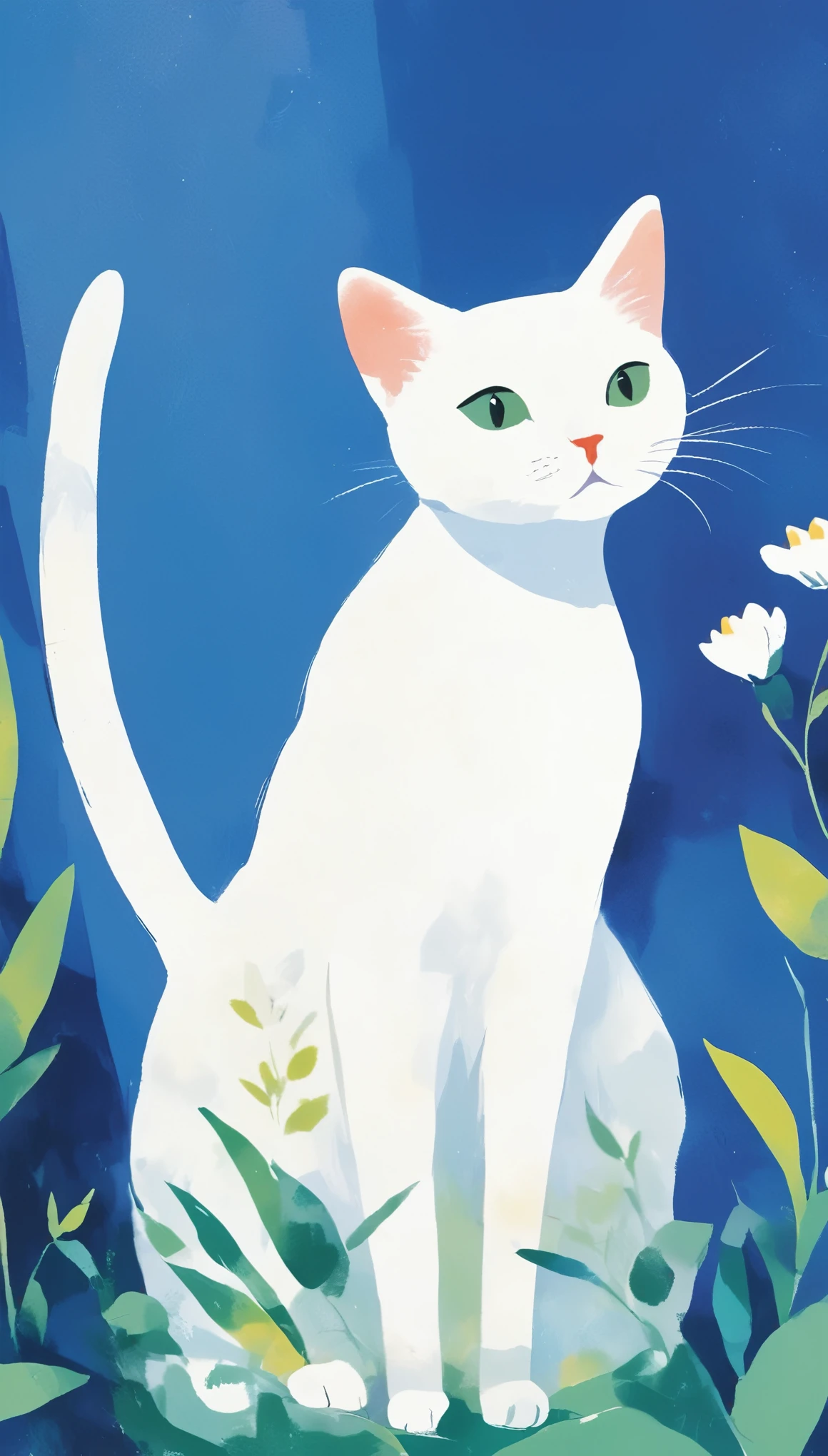 A white cat floating in the air against a simple blue background, in the style of Henri Matisse. A silhouette of a body, in a simple children's illustration style with simple details and a simple background. A risograph print with a flat design, high contrast, high resolution and sharp focus. Smooth lighting and a depth of field.