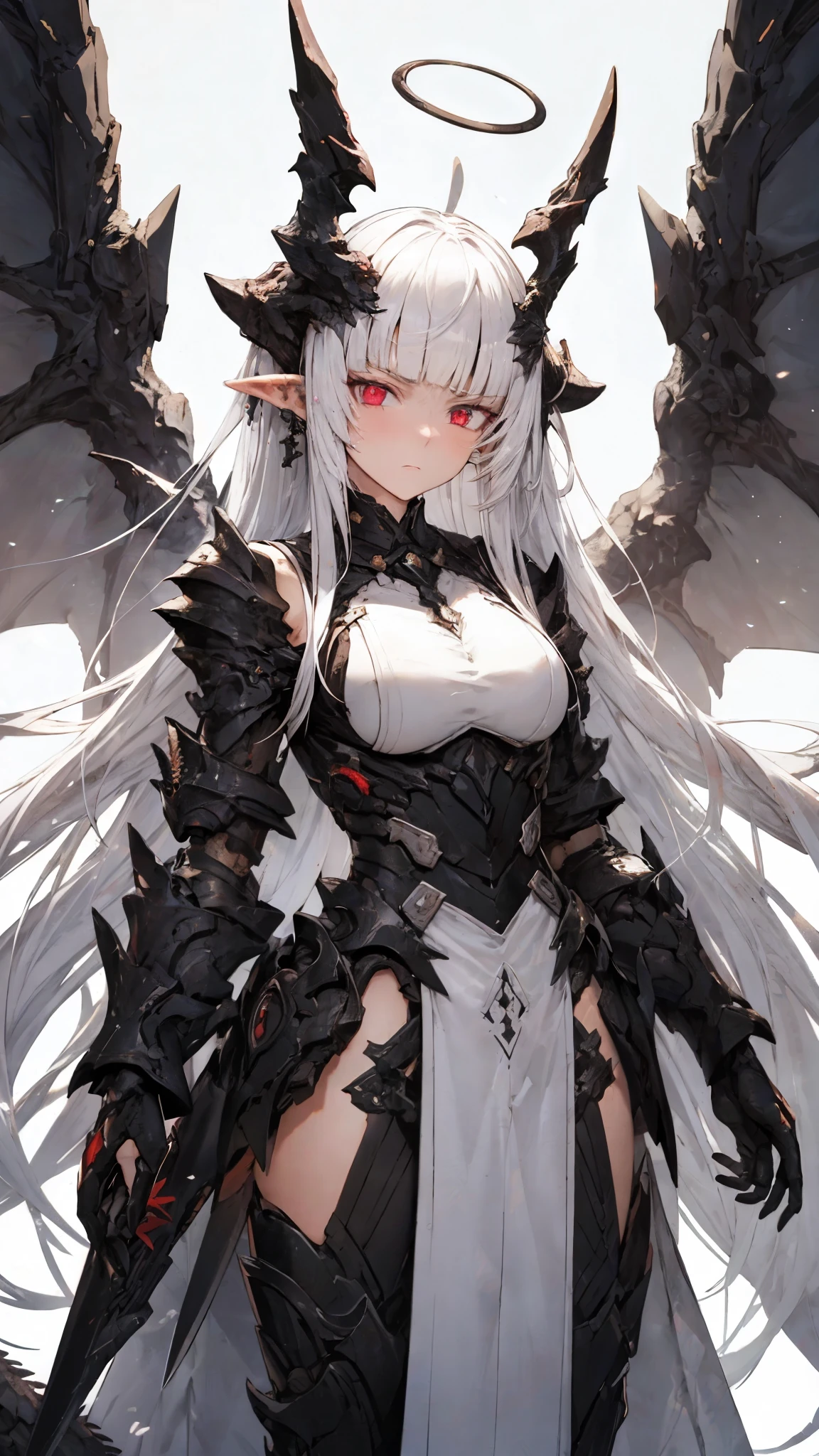 master piece, best quality, ultra detailed, ultra hires, 8K, A female knight in an armored dress, Black halo above head, black goat horns on head, black dragon tail growing, large black wings on back, White hair, intake hairstyle, blunt bangs, long hair, disgruntled expression, heterochromia, red eyes, narrowed eyes, slightly pointed ears, Athletic, toned body, medium breasts