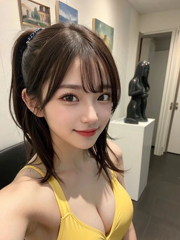 (masterpiece:1.3), (8k, Realistic, RAW Photos, Best image quality: 1.4), 28 year old girl、(Random Hairstyles:1.2)、Highly detailed face、Attention to detail、double eyelid、Sharp focus:1.2、Beautiful woman:1.4、Light brown hair、Highest quality、masterpiece、Ultra-high resolution、(Realistic:1.4)、Highly detailed and professional lighting、Brown Knight、thin、smile、Long black hair、Deadly position、Beautiful Skin、Random Pause、Shiny Hair、Sculpture model pose、ponytail、Yellow swimsuit、valley、B cup