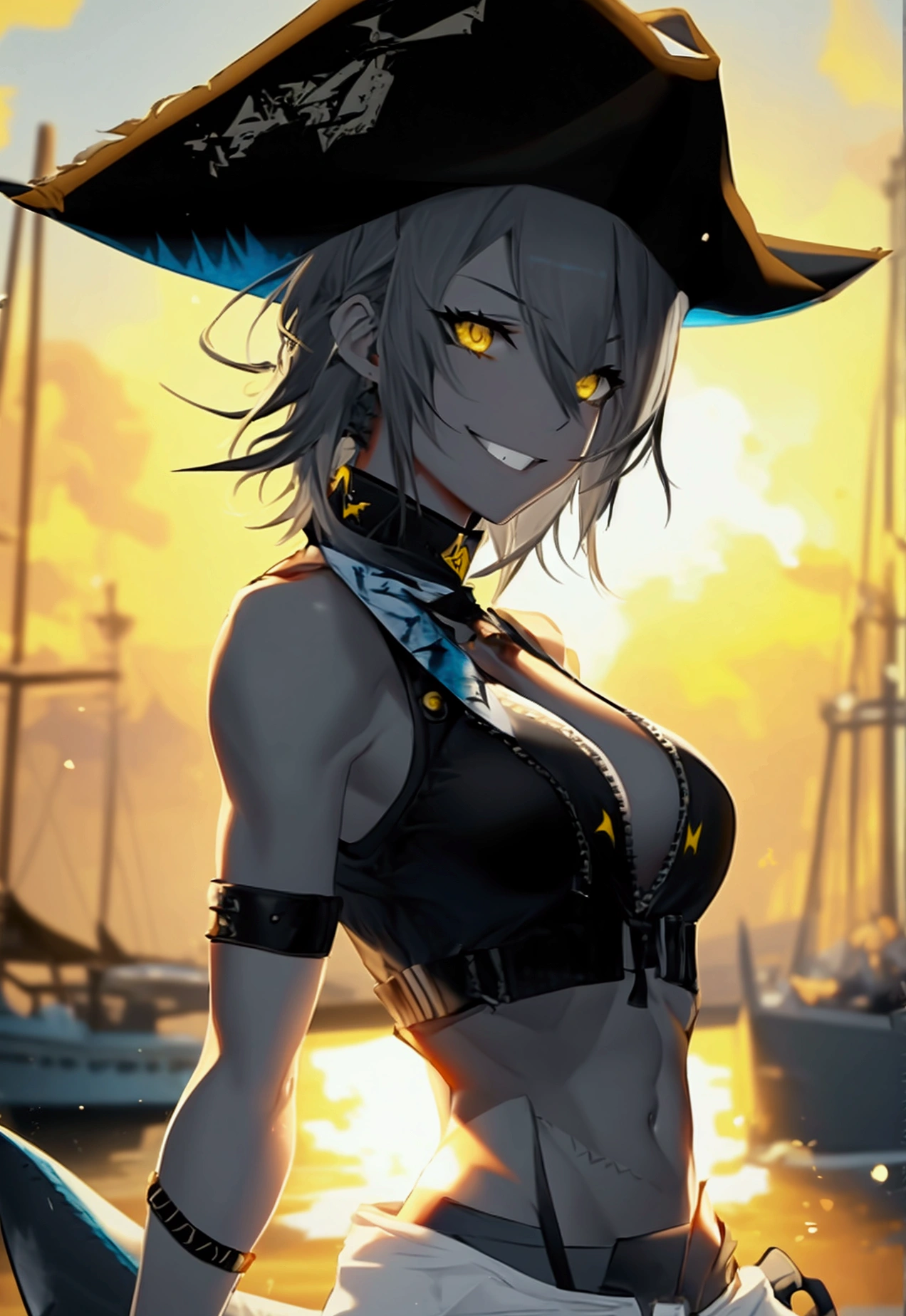 1woman, tall, extremely muscular, mature, gray colored skin, (yellow eyes, black hair, Rockstar styled medium hair with frayed ends, big breasts, big thighs, gray skin, shark tail, shark dorsal fin), harbor, ((baggy black shorts, black sleeveless crop top, black tricorn hat, black fingerless gloves, jacket tied around waist, no shoes)), hands on hips, grinning