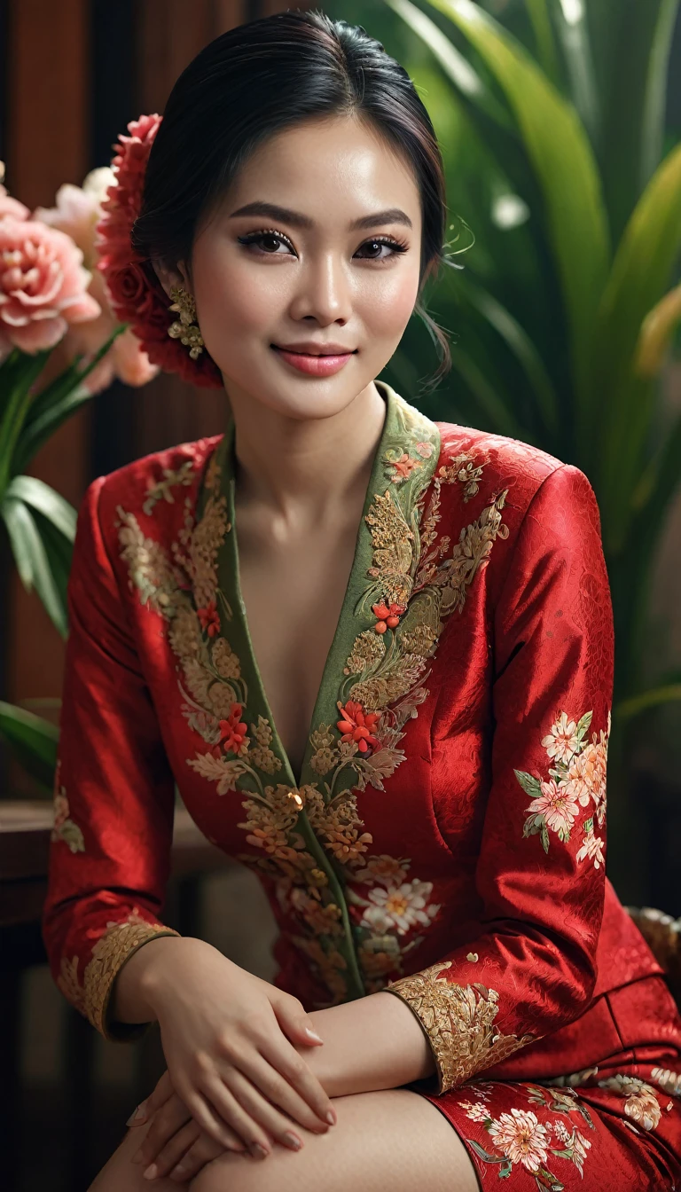 hyper ultra realistic photography, hyper ultra maximalism, sharp, focused and very detailed. 1girl, red kebaya, indonesian style, beautiful, perfect, photo art, (flowers), stunning photo with beautiful saturation, very high resolution,(realistic:1.4)), deep shadows,(best quality, masterpiece), pale skin, lighting dim, shaded, confused, blush, highly detailed, thin, depth of field BREAK, film grain, wrinkled skin, looking at the viewer, knees, warm smile, (upper body), masterpiece, very realistic, 32k, 8k unity CG wallpaper very detailed, best quality