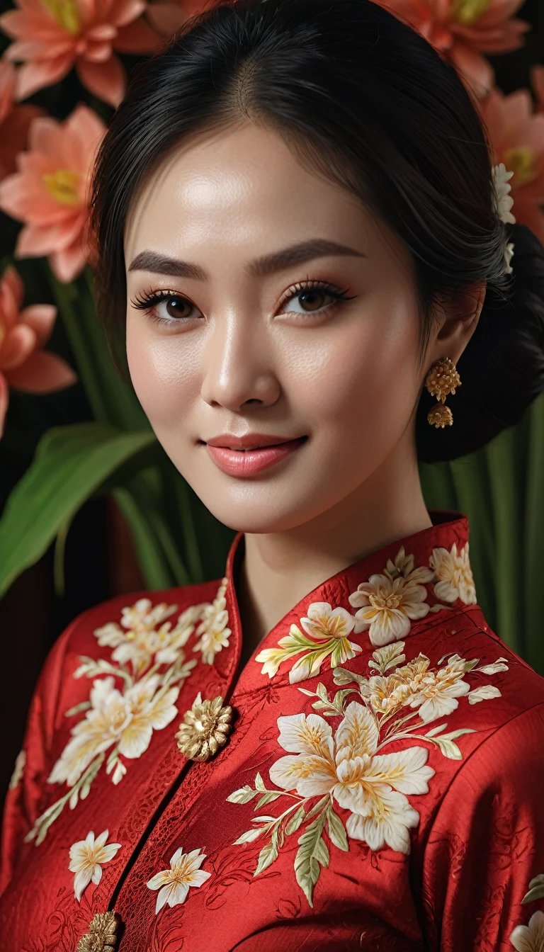 hyper ultra realistic photography, hyper ultra maximalism, sharp, focused and very detailed. 1girl, red kebaya, indonesian style, beautiful, perfect, photo art, (flowers), stunning photo with beautiful saturation, very high resolution,(realistic:1.4)), deep shadows,(best quality, masterpiece), pale skin, lighting dim, shaded, confused, blush, highly detailed, thin, depth of field BREAK, film grain, wrinkled skin, looking at the viewer, knees, warm smile, (upper body), masterpiece, very realistic, 32k, 8k unity CG wallpaper very detailed, best quality
